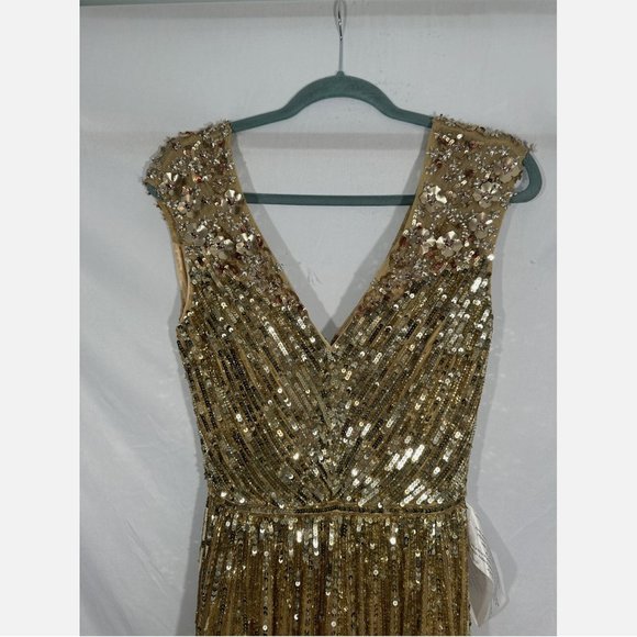 NWT $798 Mac Duggal [ 8‎ ] Sequin & Floral Embellished Evening Gown Gold - Picture 9 of 15